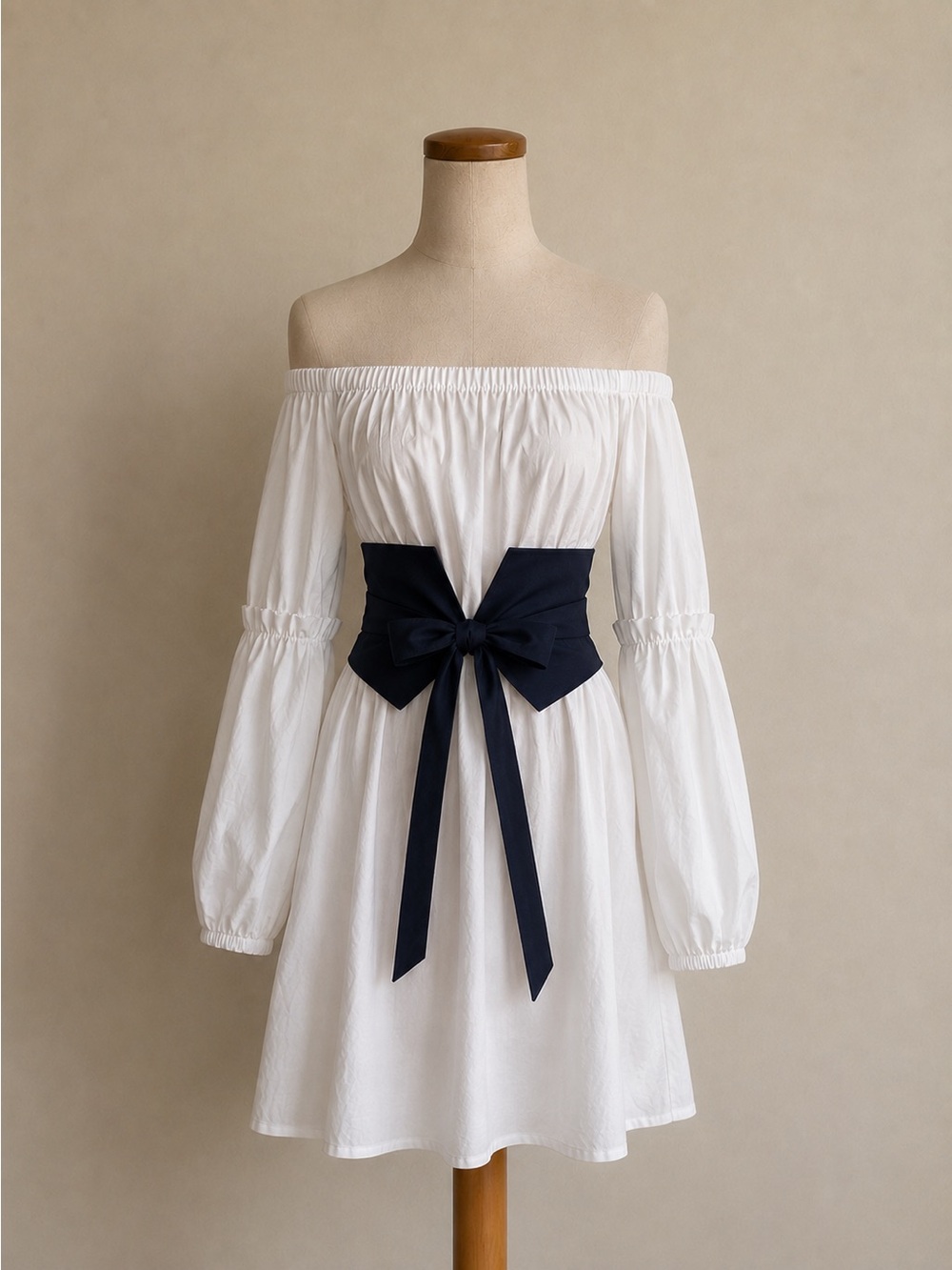 White Off-the-Shoulder Dress w/ Navy Waist Tie – Size S